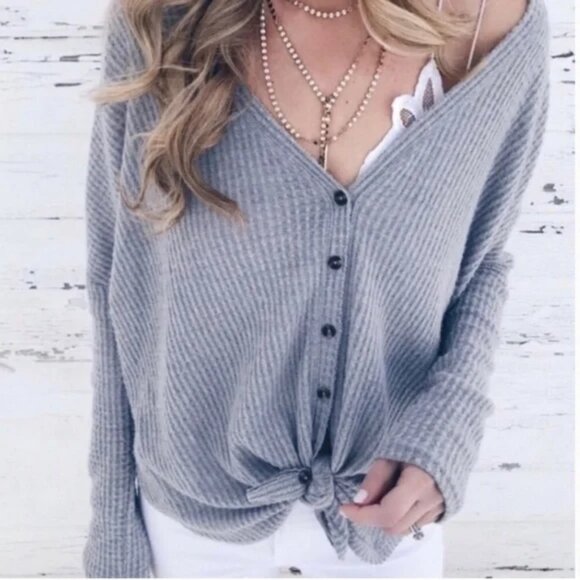 Urban Outfitters Out from Under Jojo Oversized Gray Button Up Thermal Top - Picture 1 of 8